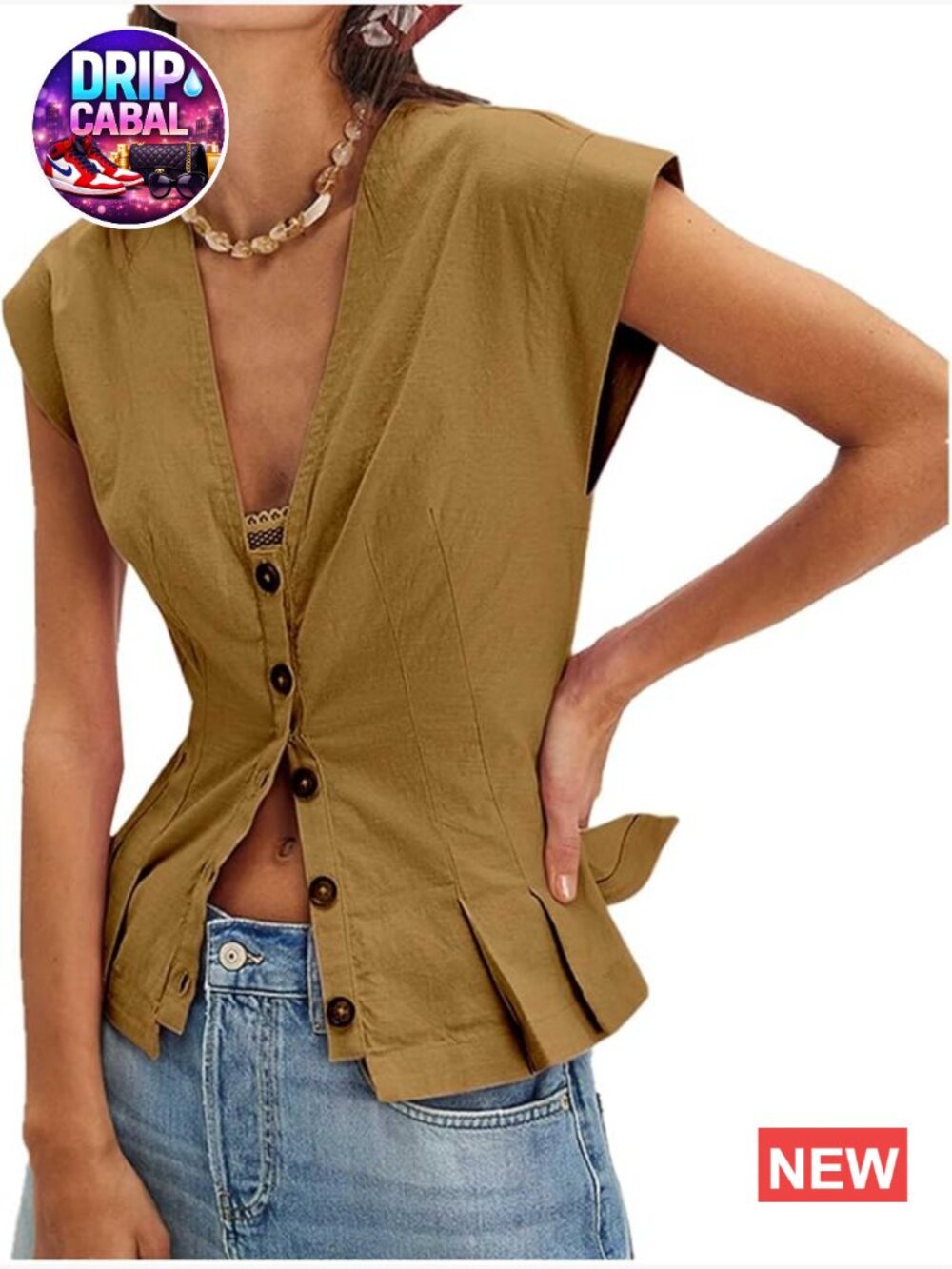 Women's V-Neck Button Down Linen Blazer Cap Sleeve Fitted Vest Top